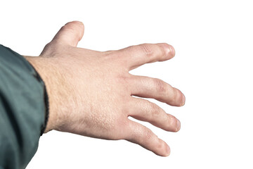 Close-up of a man's hand reaching for something that looks like a bottle or a jar. There is tinting.