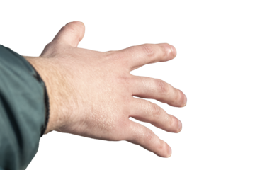 Close-up of a man's hand reaching for something that looks like a bottle or a jar. There is tinting.