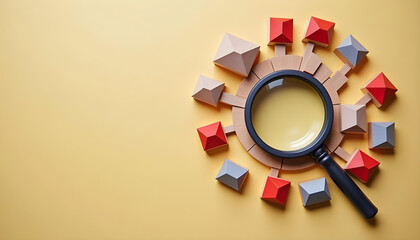A magnifying glass focused on a circle of colorful model houses