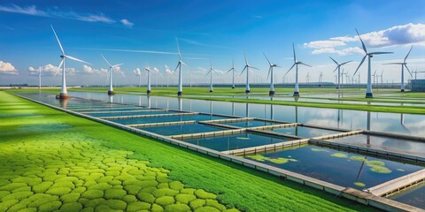 Algae farm producing bio fuel with wind turbines in the background, algae, farm, bio fuel, sustainable energy