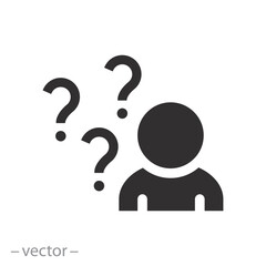 person with question icon, doubt or unsure, man think, enquire, human lost and difficulty, flat vector illustration eps10