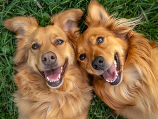 Two dogs lying on their backs and smiling. AI.