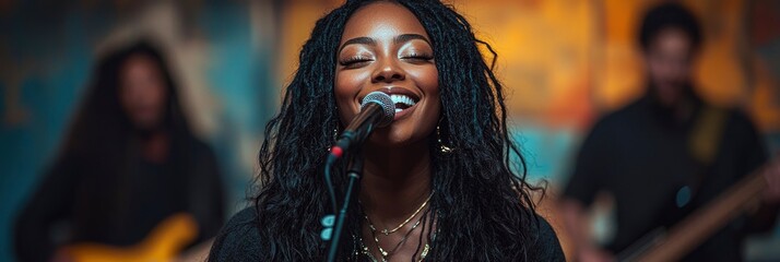 Black Female Singer Performing on Stage with Microphone