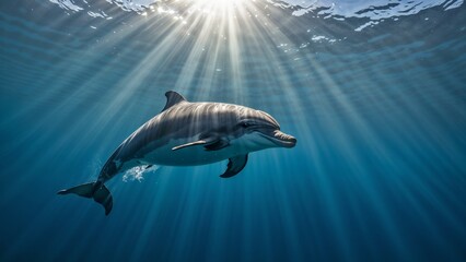 Fototapeta premium Playful dolphin swimming under sunlight beams in clear ocean water