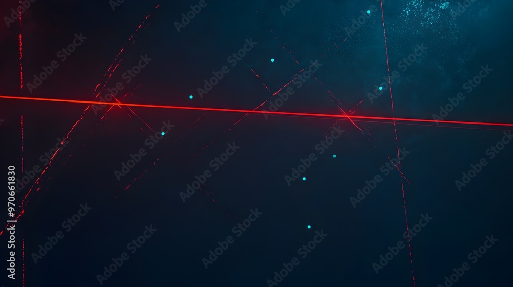 Poster multicolored laser beams crossing in a controlled pattern illuminating a dark laboratory