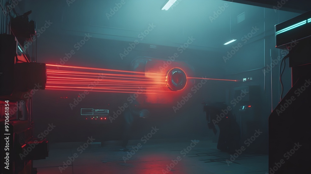 Poster multicolored laser beams crossing in a controlled pattern in a dark laboratory