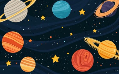 A cosmic cartoon collage featuring funky planets, stars, and groovy aliens floating in space