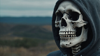 Skeleton wearing a hoodie with a mountain in the background