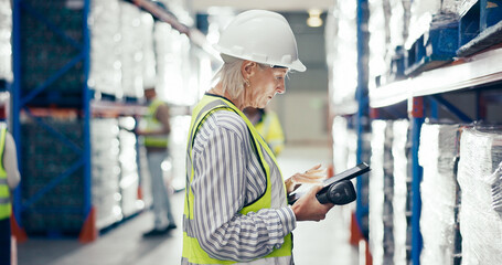 Mature woman, shelf check and tablet scan with barcode, checklist and shipping box with logistics. Work, export and distribution depot with quality control and assessment with digital data in factory