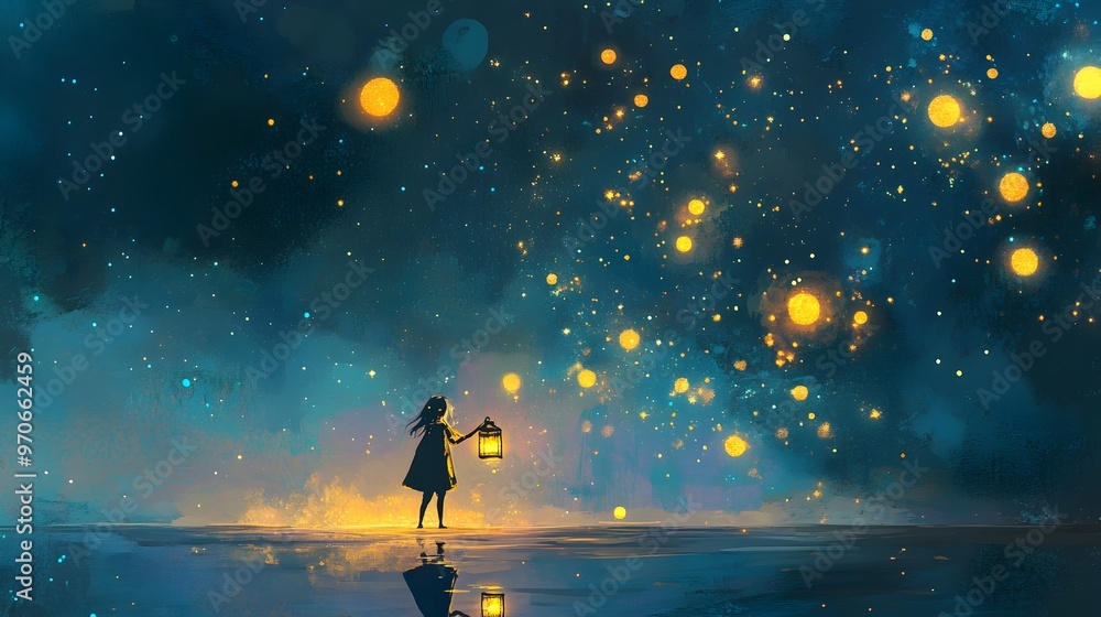 Poster mystical figure gathering fallen stars from the sea illuminating their way home with a glowing lante