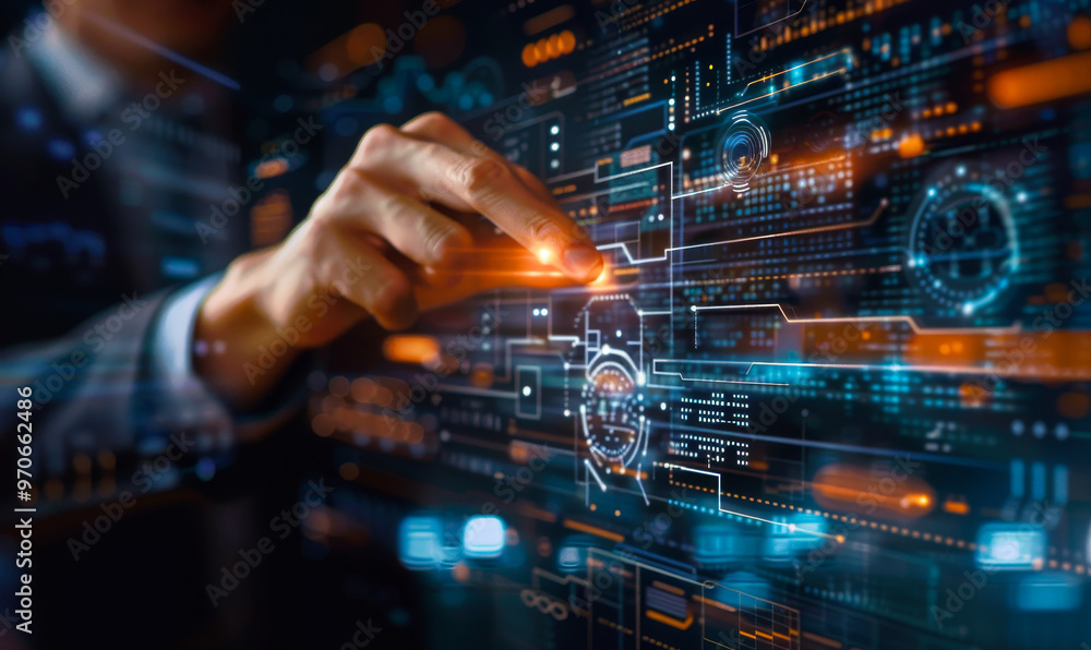 Poster businessman interacting with ai machine learning virtual interface displaying data science, big data