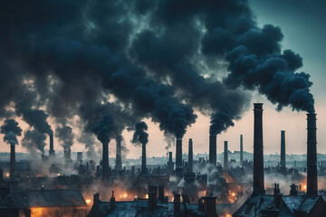 Industrial cityscape with smoking chimneys and dark sky. CBAM. EU Carbon Border Adjustment Mechanism. Environmental pollution control. Ecological problems.
