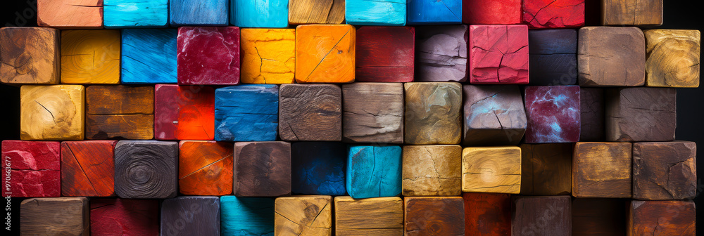 Poster vibrant and textured wooden blocks in various colors stack wide format