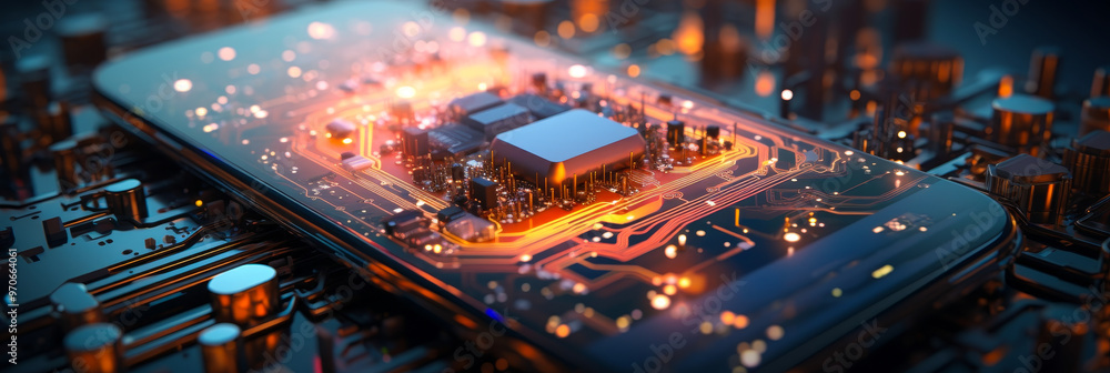 Poster illuminated microchip on smartphone circuitry: advanced technology in mobile development