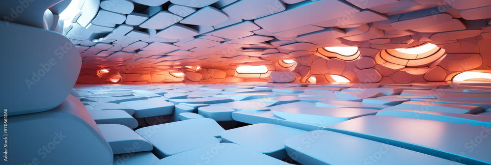 Poster futuristic space-age interior design with illuminated hexagonal wall panels in wide format