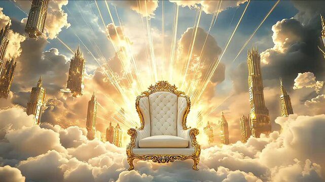 A white throne in the middle of white clouds. A throne in the sky