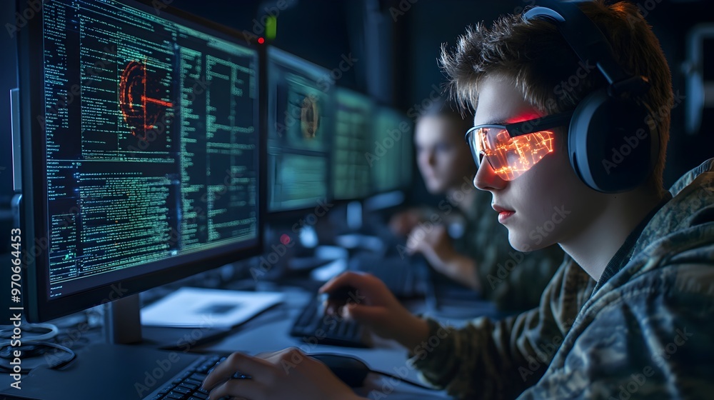 Aufkleber Researchers Controlling Laser System Using Advanced Computer Software with Data Displayed