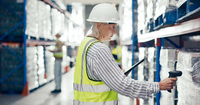Mature woman, stock scan and tablet with cargo, checklist and shipping box with logistics. Work, export and distribution depot with quality control and assessment with digital data in warehouse