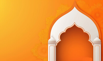 An ornate white architectural arch or window frame against a vibrant orange background