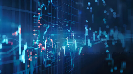 Futuristic digital financial chart with dynamic blue lines and glowing bars on a dark background.