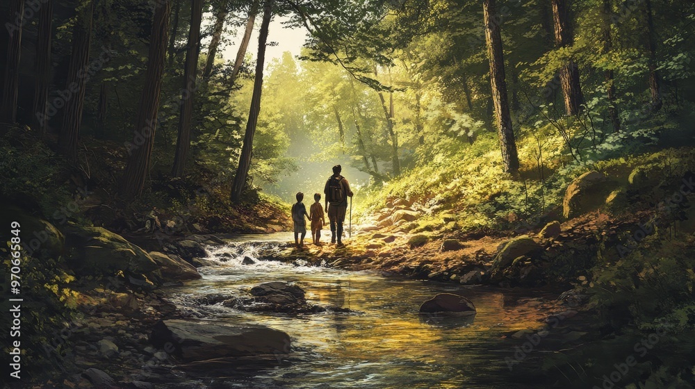 Wall mural family enjoys a scenic hike along a babbling stream amidst the tranquility of the forest.