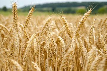 Fototapeta premium A close-up view of golden wheat stalks in a field under a clear sky.