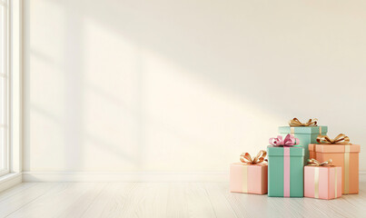 A collection of vibrant present boxes adorned with ribbons resting on a simple floor and wall