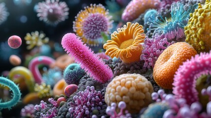 Vibrant illustration of microflora featuring various forms of microscopic life, such as bacteria, in the style of François Boucher, with colorful, highly detailed, and hyper-realistic elements against