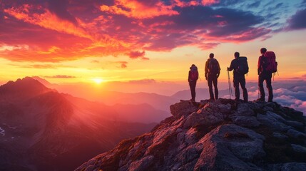 Hikers of all backgrounds stand on a mountain summit, gazing at the sunset's vibrant hues.