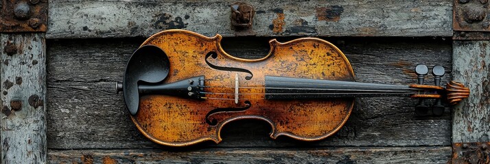 Vintage Violin on Rustic Wooden Background