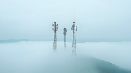 Obraz premium Signal Towers Cutting Through Misty Valley Symbolizing Connectivity in Remote Areas