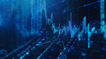Futuristic digital financial chart with dynamic blue lines and glowing bars on a dark background.