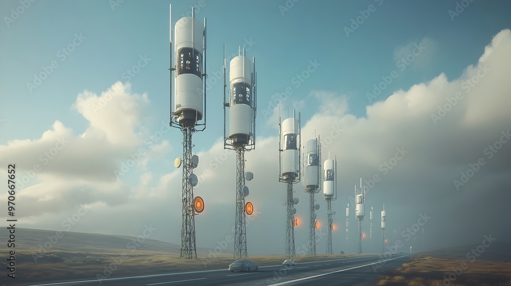 Aufkleber signal towers lining a highway for mobile coverage and connectivity