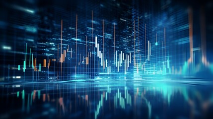 Futuristic digital financial chart with dynamic blue lines and glowing bars on a dark background.