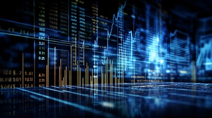 Futuristic digital financial chart with dynamic blue lines and glowing bars on a dark background.