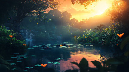 Fototapeta premium The nature in the forest is abundant with trees and pools of water.