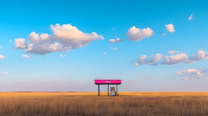 Silhouetted Gas Station in Scenic Prairie Landscape Under Colorful Evening Sky