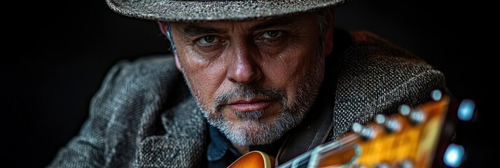 Close-up Portrait of a Serious Musician with a Guitar