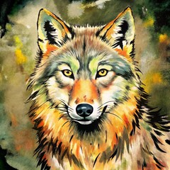 Majestic wolf with piercing eyes in watercolor against autumnal background