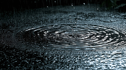 Echoes of Rain, Splashing Water Droplets Creating Ripples on a Dark and Reflective Ground