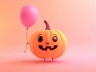 Fototapeta premium Cute Smiling Pumpkin with Pink Balloon - Fun Halloween Design
