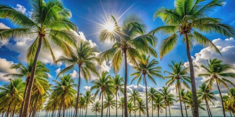 Obraz premium A perfect summer day with tall palms swaying in the breeze, tropical, vacation, sunny, blue sky, relaxation, paradise, lush