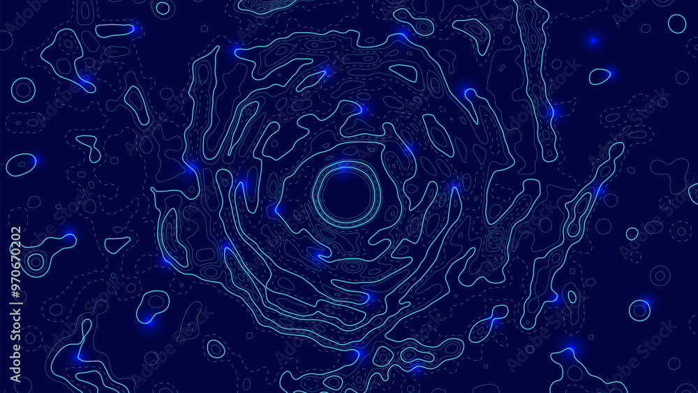 Poster topographic map background with shining marks on blue background. geographic line map with elevation