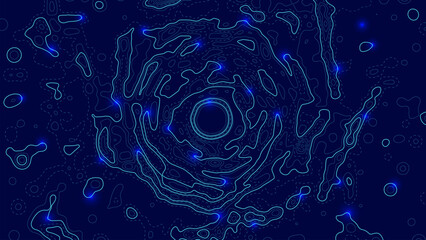 Topographic map background with shining marks on blue background. Geographic line map with elevation assignments. Contour background geographic grid. Vector illustration.