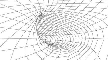 Wireframe abstract tunnel on white background. 3D tunnel grid. Futuristic 3d portal. Network cyber technology. Vector illustration.