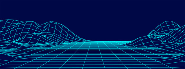 Digital blue wireframe landscape. Wireframe terrain polygon landscape design. Digital cyberspace in mountains with valleys. Vector illustration.