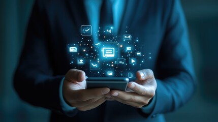 Businessman holding a smartphone with digital icons representing communication and social media, floating around his hands.