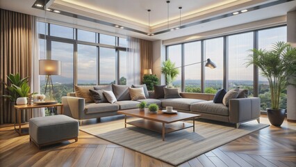 Fototapeta premium Modern living room with stylish decor, sleek furniture, and ample natural light, modern, interior, room