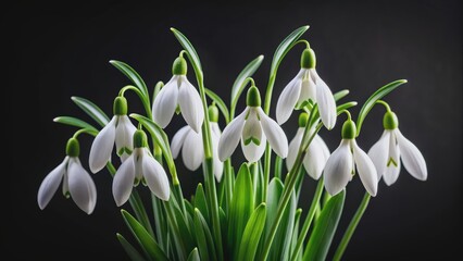 Fototapeta premium Snowdrops on a black background, snowdrops, black, flowers, spring, delicate, white, contrast, nature, bloom, petals, elegant