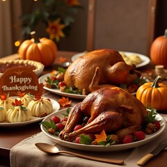 A roasted turkey on a table. The content is "Happy Thanksgiving."